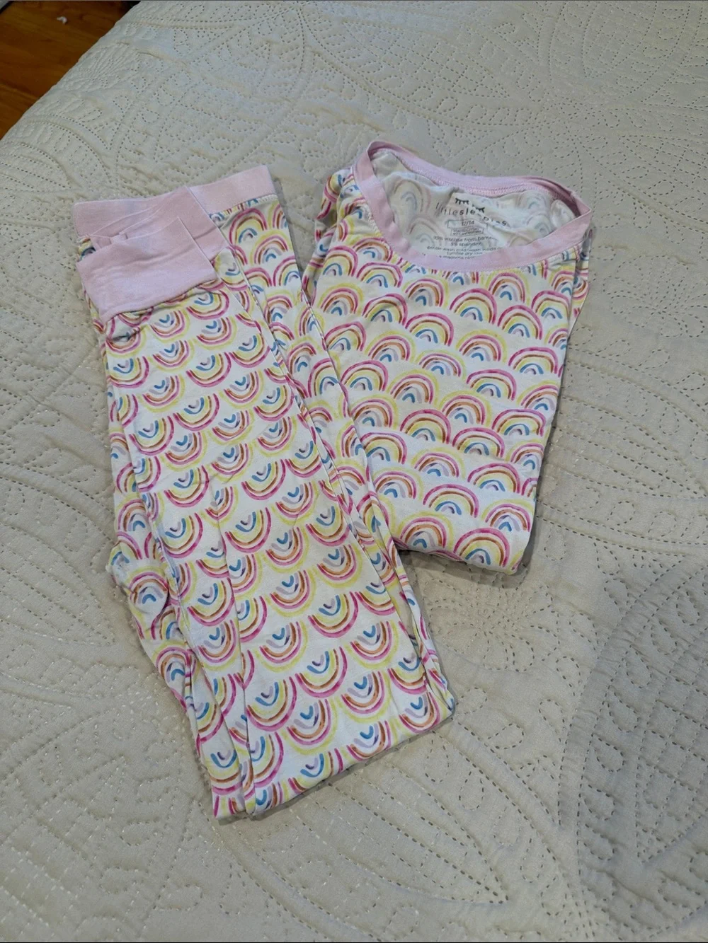 Little Sleepies White Pajama Set with Pink Trim and Rainbow Print
